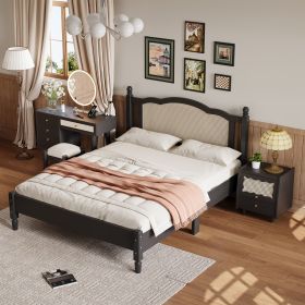 3 Pieces Bedroom Set with Queen Size Wooden Bed Frame, 1 Vintage Nightstand and 1 Makeup Vanity Set with Stool,Black (Expected Arrival Time: 08.23)