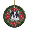 French Bulldog Black White Poinsetta Wreath Ceramic Ornament Christmas Tree Hanging Decorations for Home Christmas Holiday, Party, Gift, 3 in, Multico