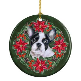 French Bulldog Black White Poinsetta Wreath Ceramic Ornament Christmas Tree Hanging Decorations for Home Christmas Holiday, Party, Gift, 3 in, Multico