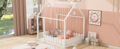 (Slats are not included) Full Size Wood Bed House Bed Frame with Fence,for Kids,Teens,Girls,Boys (White )(OLD SKU:WF281294AAK)