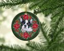 French Bulldog Black White Poinsetta Wreath Ceramic Ornament Christmas Tree Hanging Decorations for Home Christmas Holiday, Party, Gift, 3 in, Multico
