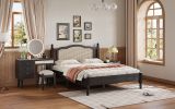 3 Pieces Bedroom Set with Queen Size Wooden Bed Frame, 1 Vintage Nightstand and 1 Makeup Vanity Set with Stool,Black (Expected Arrival Time: 08.23)