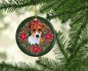 Jack Russell Terrier Poinsetta Wreath Ceramic Ornament Christmas Tree Hanging Decorations for Home Christmas Holiday, Party, Gift, 3 in, Multicolor