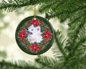 Samoyed Poinsetta Wreath Ceramic Ornament Christmas Tree Hanging Decorations for Home Christmas Holiday, Party, Gift, 3 in, Multicolor